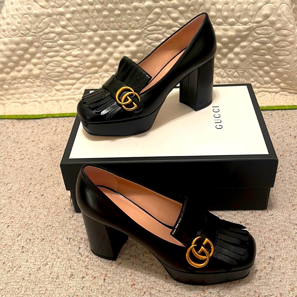 Gucci 55M Marmont Platform Pump Size 38.5EU. New w/box, tag, silk carry bags.